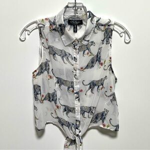 PRETTY LITTLE LIARS Fun LEOPARD FLORAL SHEER CUT OUT BACK sleeveless CROP TOP